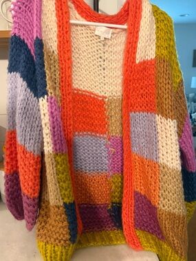 entro Colorblock Chunky Knit Cardigan in Orange, Purple & Olive